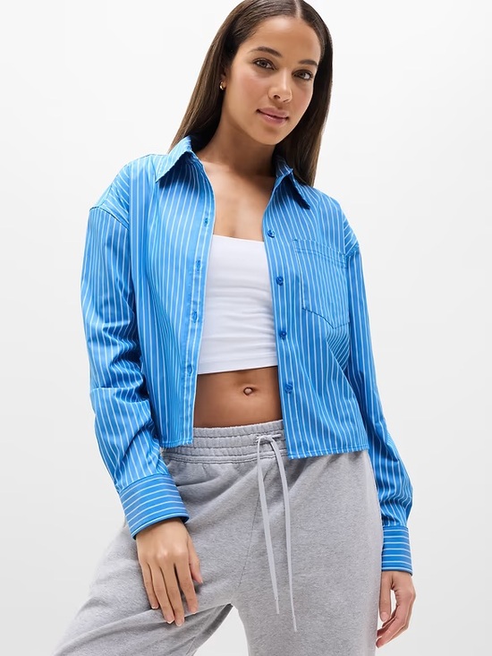 Athleta Tops - Athleta Bright Blue Pinstripe Cropped Button-Down Shirt